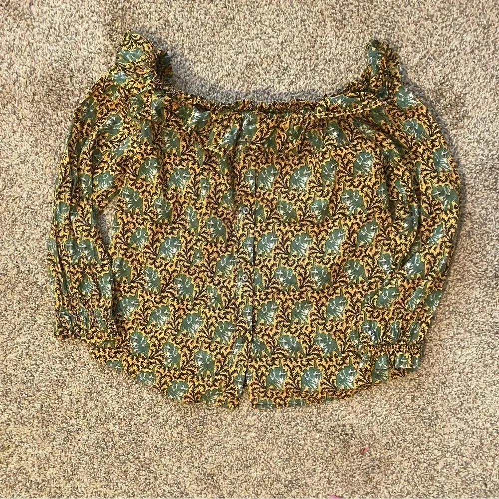J Crew Ratti Safari Elephant Off the Shoulder Ruffle Button Down Blouse Sz 00